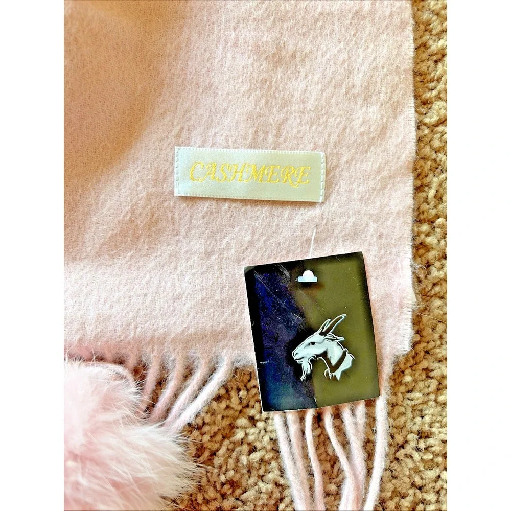 Unbranded Pink Wool/Cashmere/Fur Fringe Pom Scarf Wrap Accessory‎ NEW NWT FLAWED - Picture 6 of 10